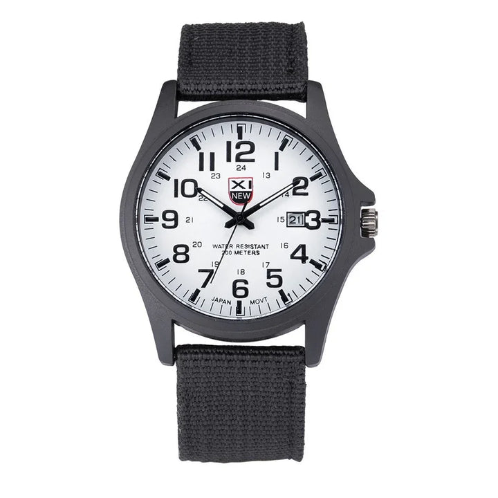 Black strap wristwatch with white dial, bold black numbers, date display, and water resistant up to 30 meters