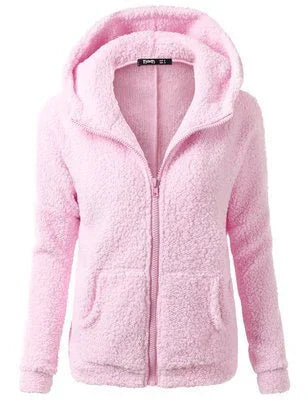 Soft pink fuzzy zip-up hoodie with hood and front pockets for women