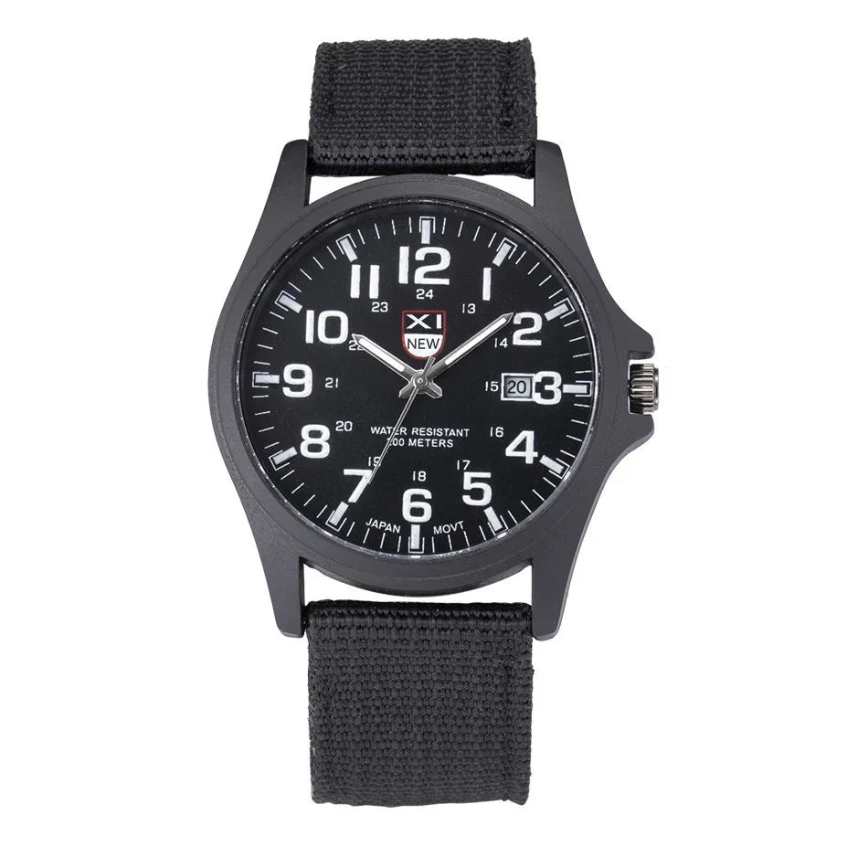 Black analog wristwatch with canvas strap, white numerals, date display, water resistant 100 meters