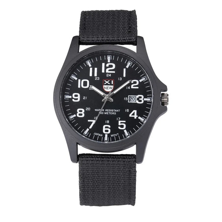 Black analog wristwatch with canvas strap, white numerals, date display, water resistant 100 meters