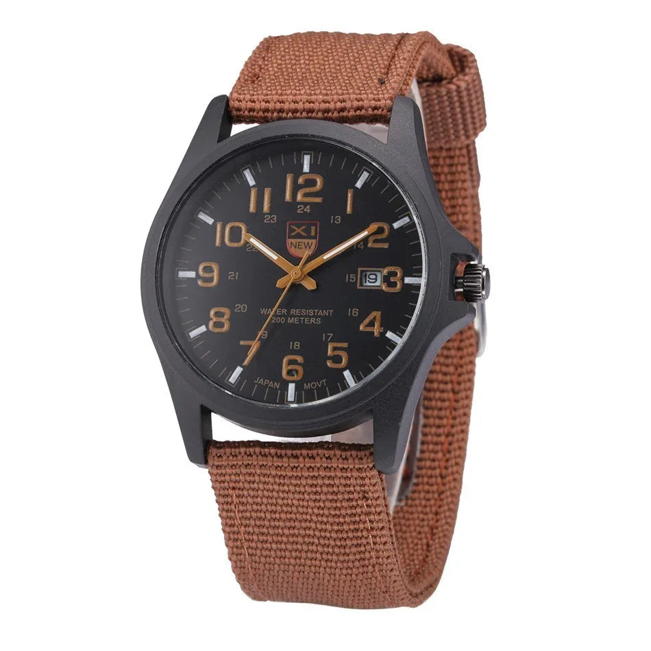 Black dial wristwatch with brown nylon strap, gold-tone numbers, date display, and water-resistant up to 200 meters