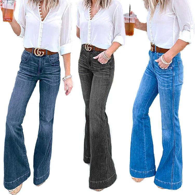 Women modeling flared wide-leg jeans in dark blue, black, and light blue with white blouses and brown belts