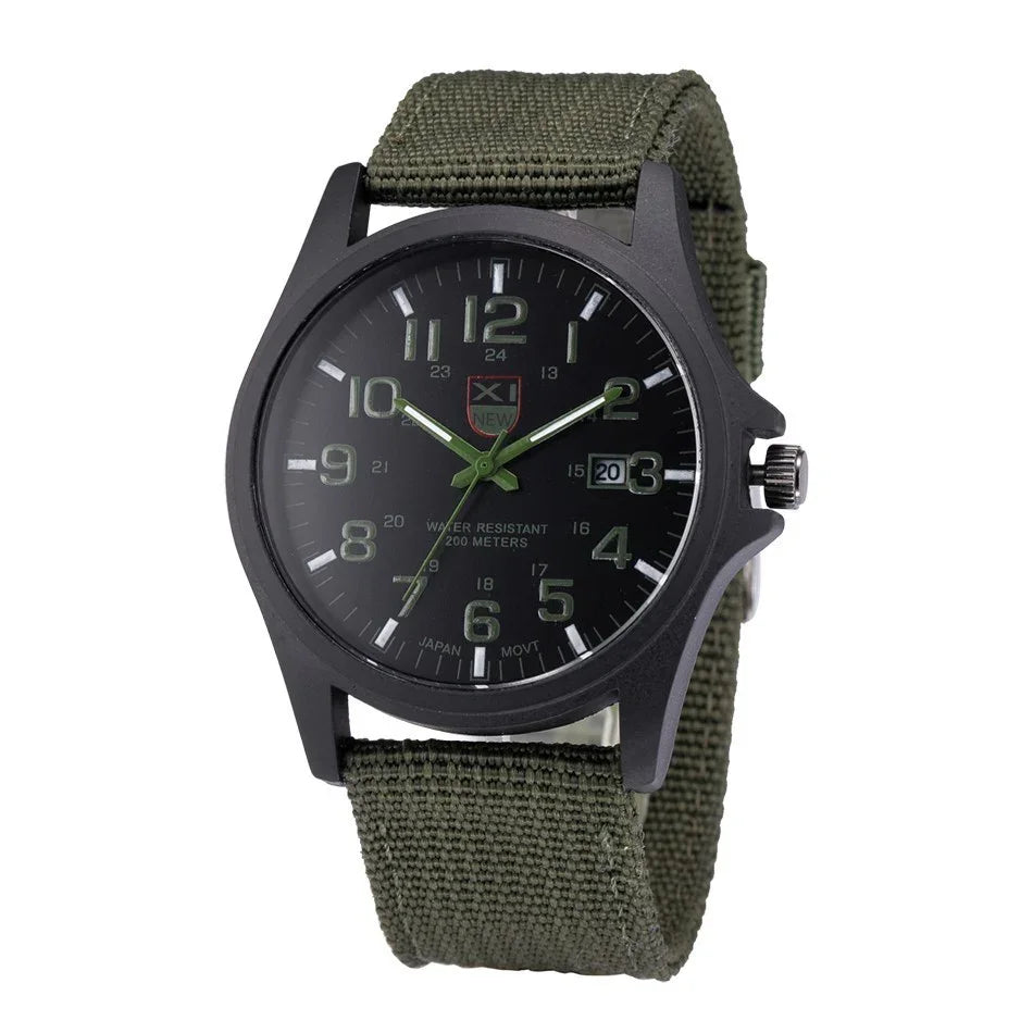 Black dial wristwatch with green fabric strap, luminous hands, date display, and water resistant to 200 meters