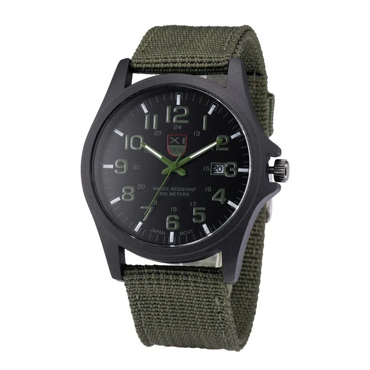 Black dial wristwatch with green fabric strap, luminous hands, date display, and water resistant to 200 meters