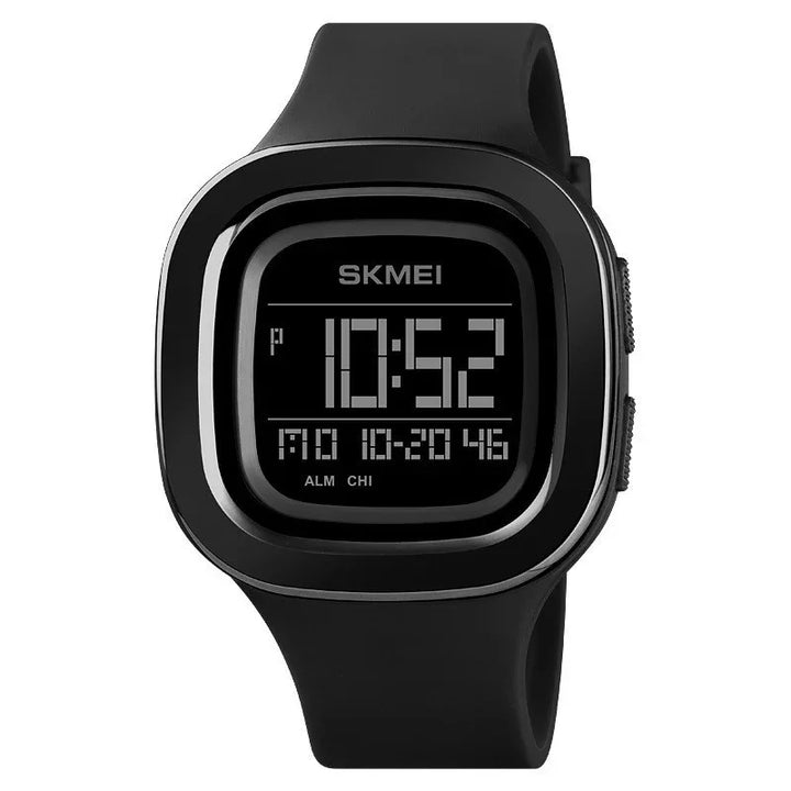 Black SKMEI digital sports watch with square display showing time, date, and alarm indicators
