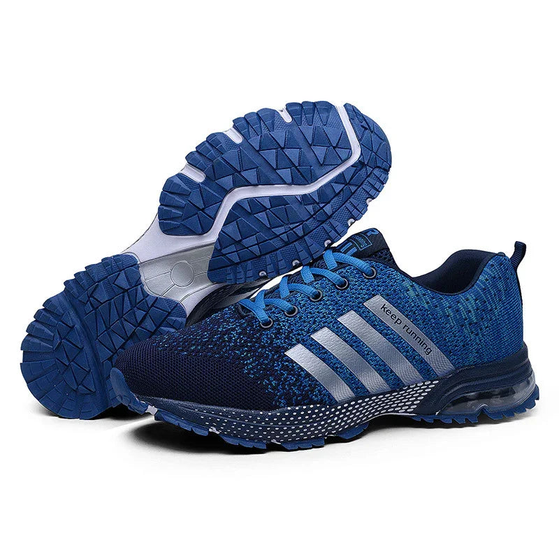Blue running shoes with breathable mesh fabric, cushioned sole, and 'keep running' text on side