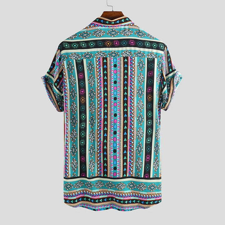 Back view of a short-sleeve shirt with vibrant turquoise and multicolor geometric tribal patterns