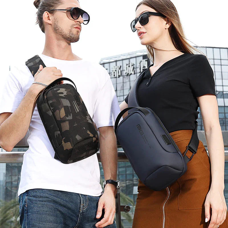 Man and woman wearing sunglasses with stylish crossbody sling bags in urban setting