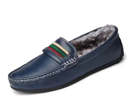 Blue leather men's moccasin slipper with fur lining and striped fabric accent on top