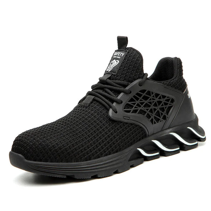 Black breathable mesh safety shoe with lace-up front and flexible sole design