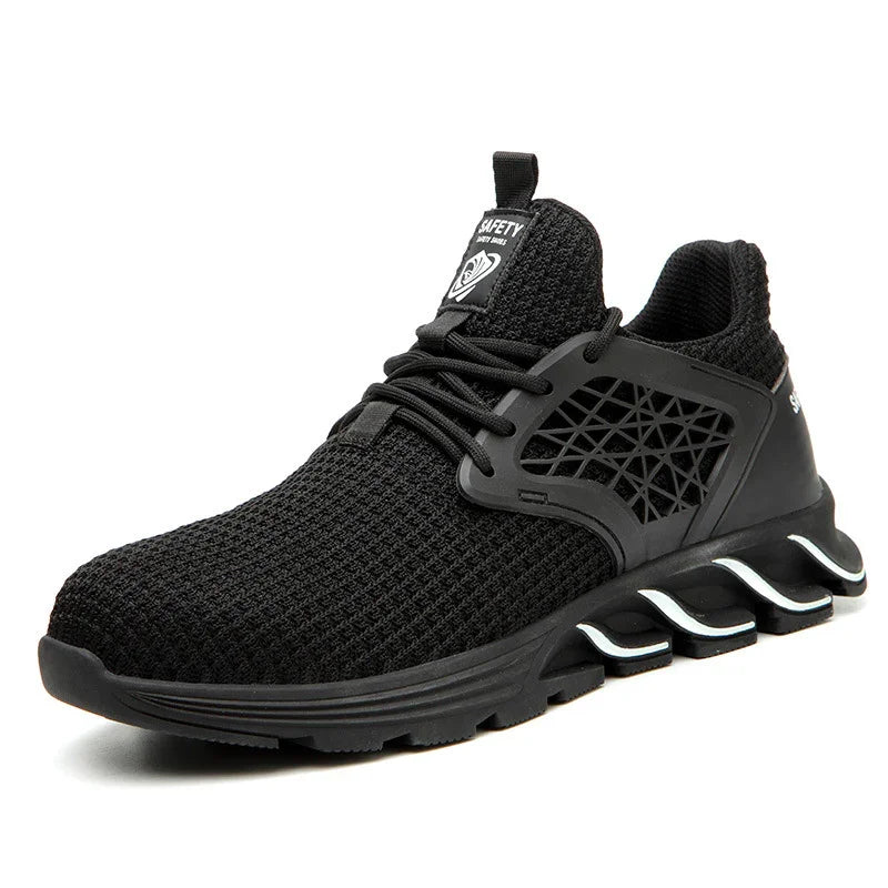 Black breathable mesh safety sneaker with unique sole design and lace-up closure