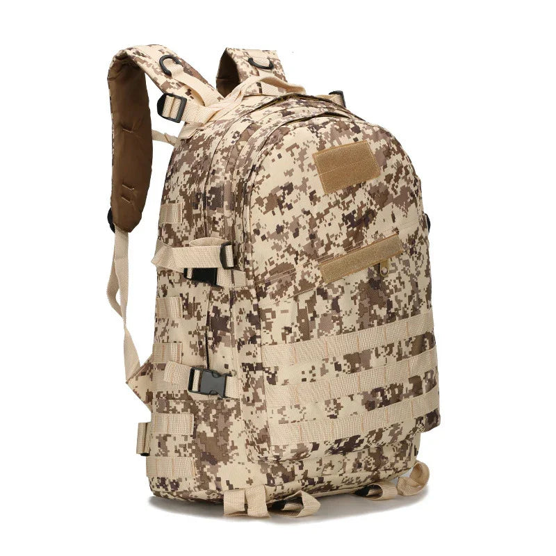 Digital camouflage tactical backpack with multiple compartments and adjustable padded straps