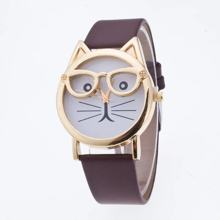 Cute cat face watch with gold frame and glasses on white dial, brown leather strap