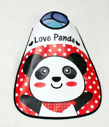 Cute baby bib with smiling panda face, red polka dot background, and 'Love Panda' text