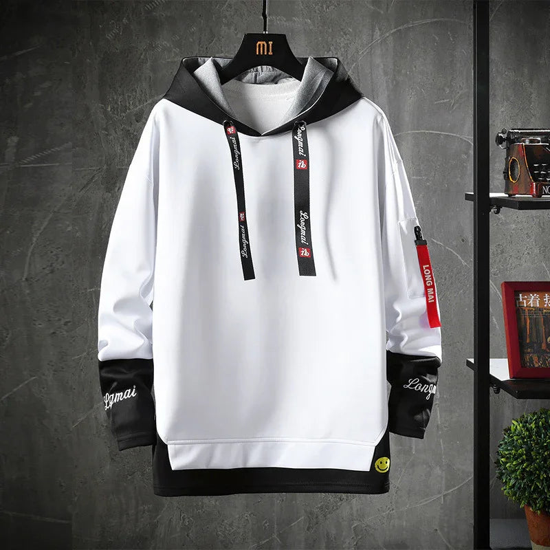 White and black hoodie with black drawstrings and red LONG MAI tag on sleeve, hanging on black hanger