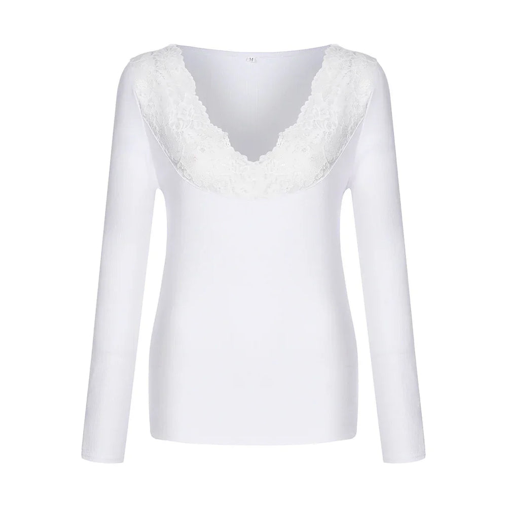 White long-sleeve women's top with lace detail around a deep scoop neckline