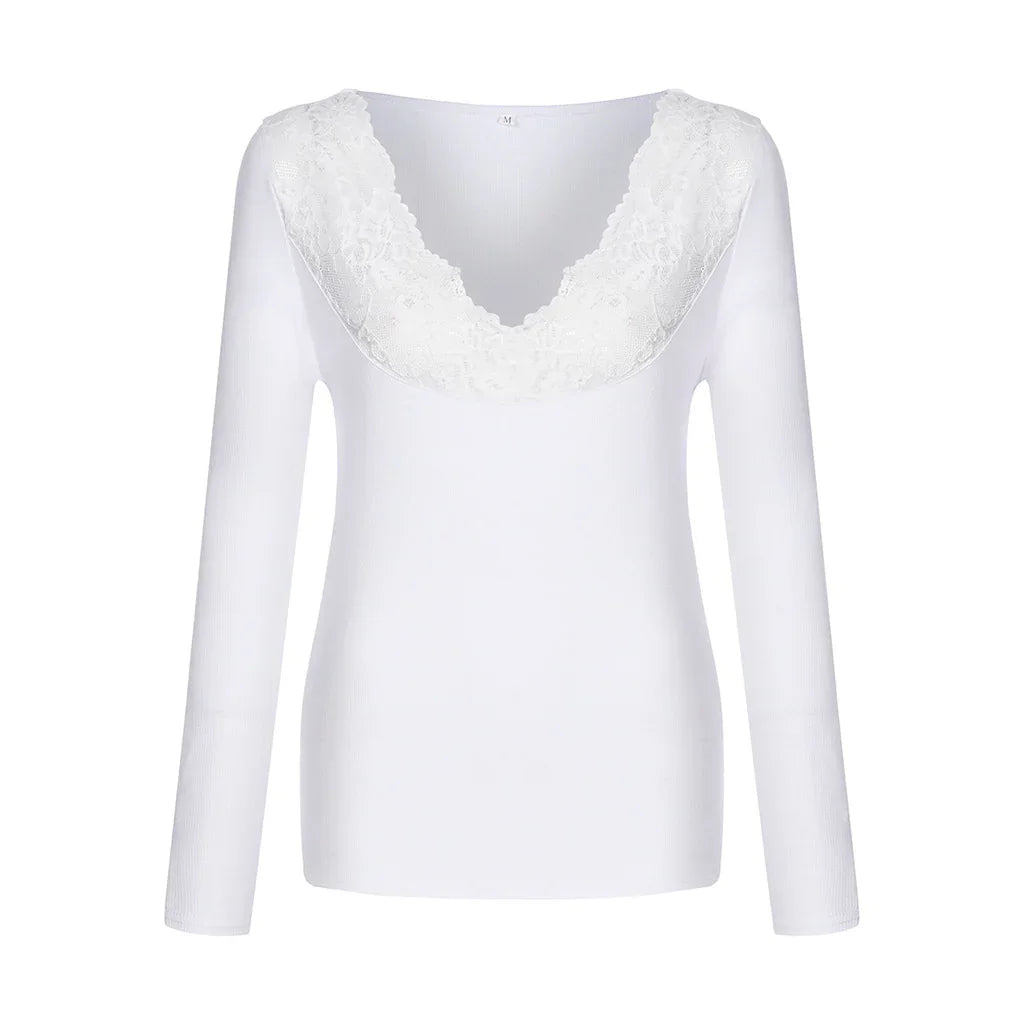 White long-sleeve women's top with lace detail around a deep scoop neckline