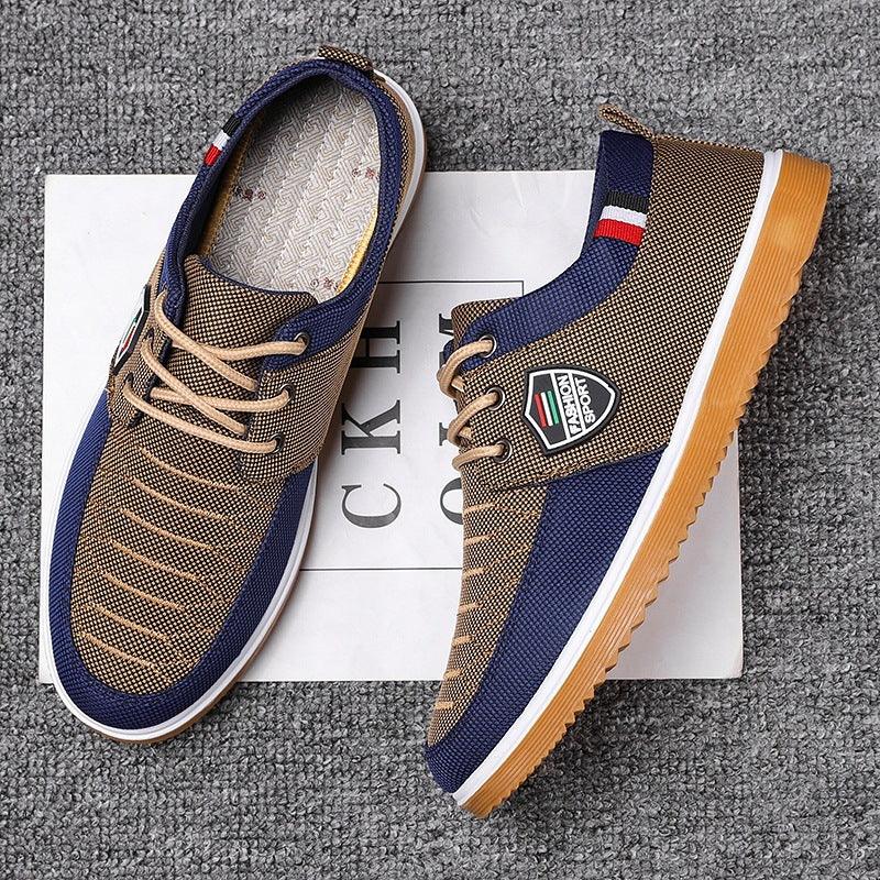 Brown and navy blue casual sport shoes with white rubber sole and Fashion Sport logo on side