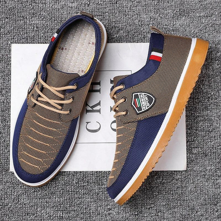 Brown and navy blue casual sport shoes with white rubber sole and Fashion Sport logo on side