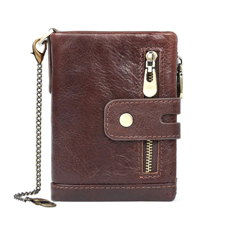 brown leather men's wallet with zipper pocket and snap button strap with metal chain
