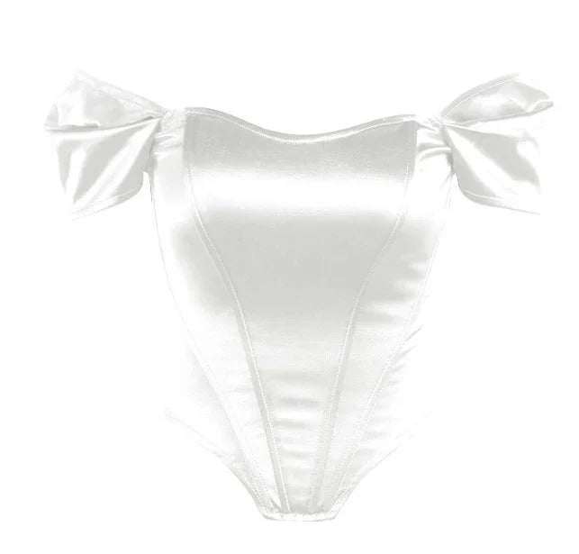 White satin off-shoulder corset top with bow sleeves and structured seams