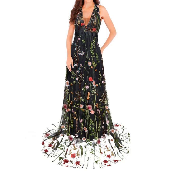 Black sleeveless maxi dress with deep V-neck and colorful floral embroidery on sheer fabric