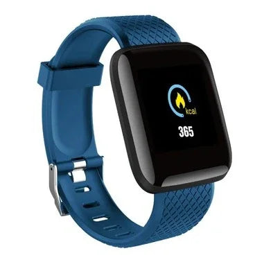 Blue fitness tracker smartwatch with black screen displaying 365 kcal burned on white background