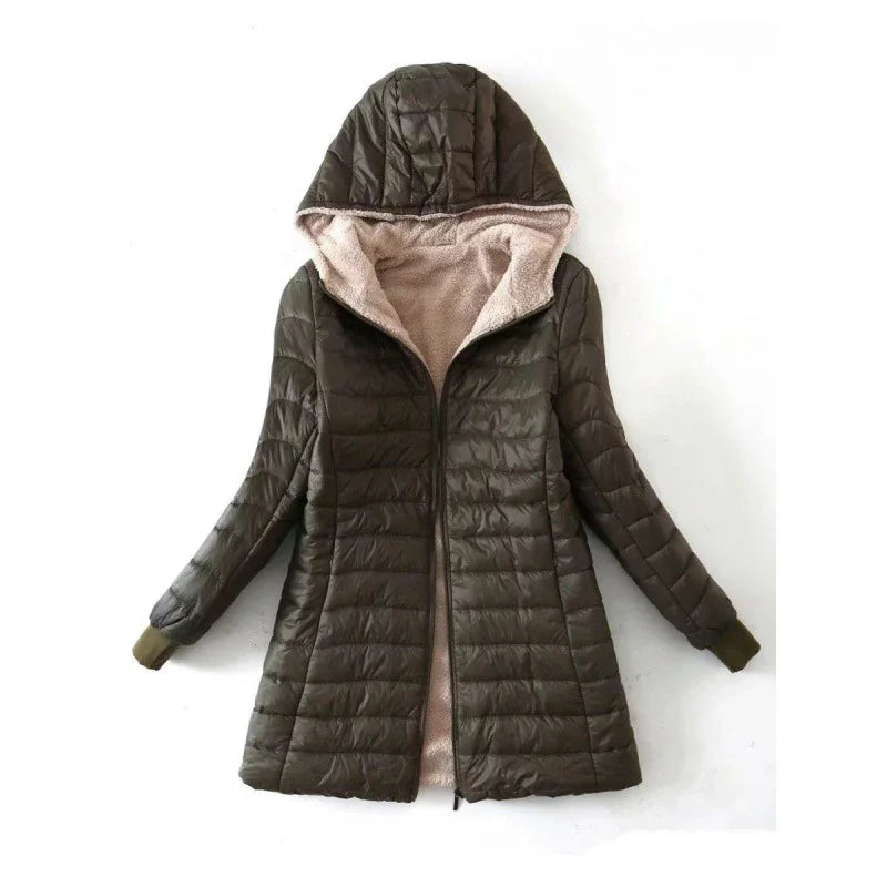 Brown quilted women’s hooded winter jacket with soft beige fleece lining and zip closure