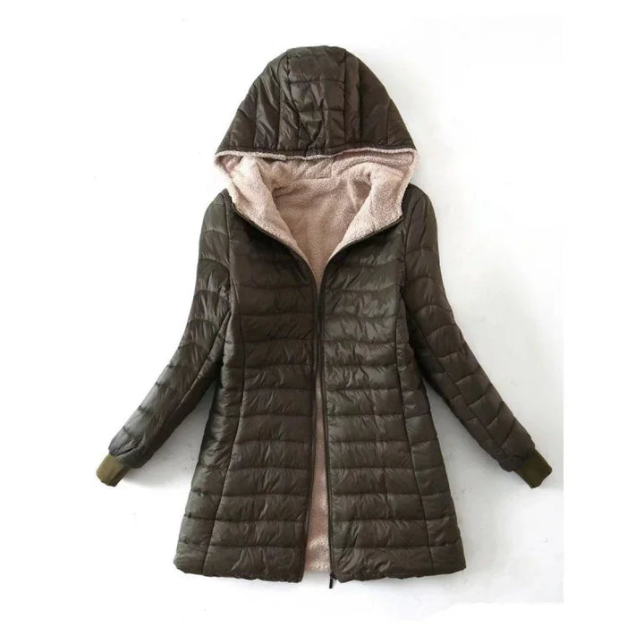 Brown quilted women’s hooded winter jacket with soft beige fleece lining and zip closure