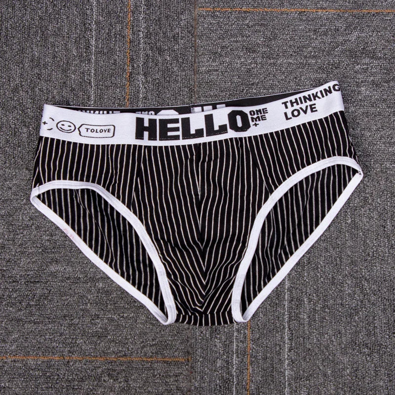 Black and white striped men's briefs with white waistband featuring prints like HELLO, TOLOVE, and THINKING LOVE text