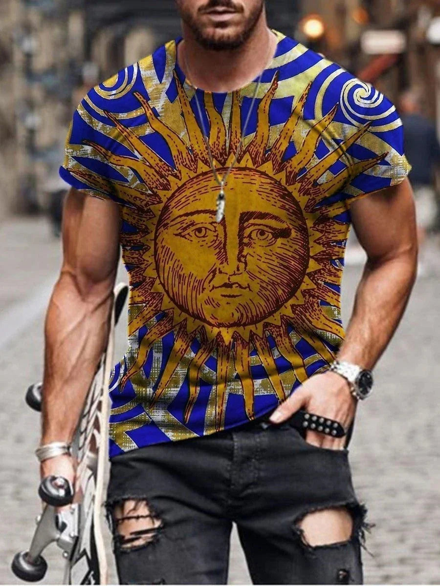 muscular man in vibrant sun print t-shirt holding a skateboard, wearing ripped black jeans and wrist accessories