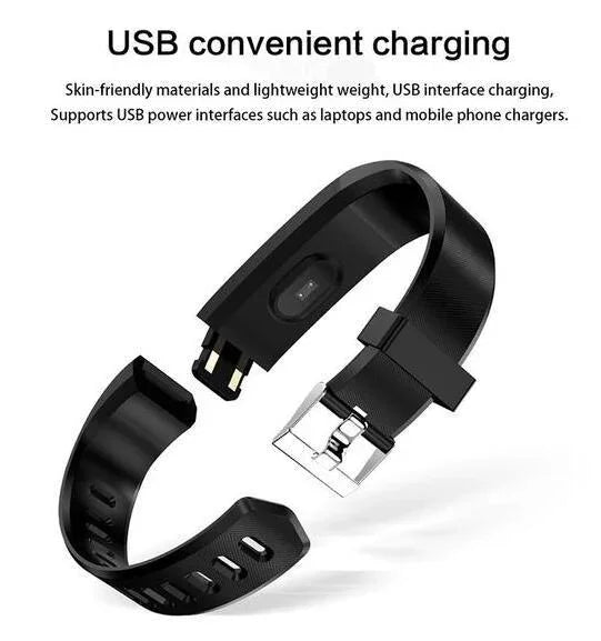 Black fitness tracker wristband with USB connector for convenient charging and skin-friendly lightweight design