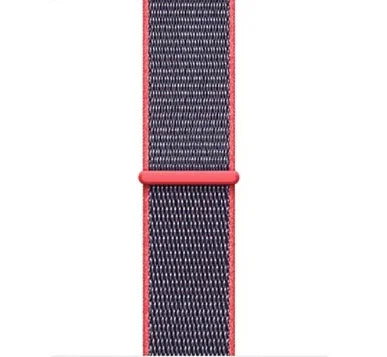Purple nylon watch band with red edges and red loop fastener