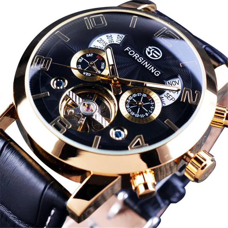 Forsining luxury gold wristwatch with black leather strap, multi-function dials, and calendar features