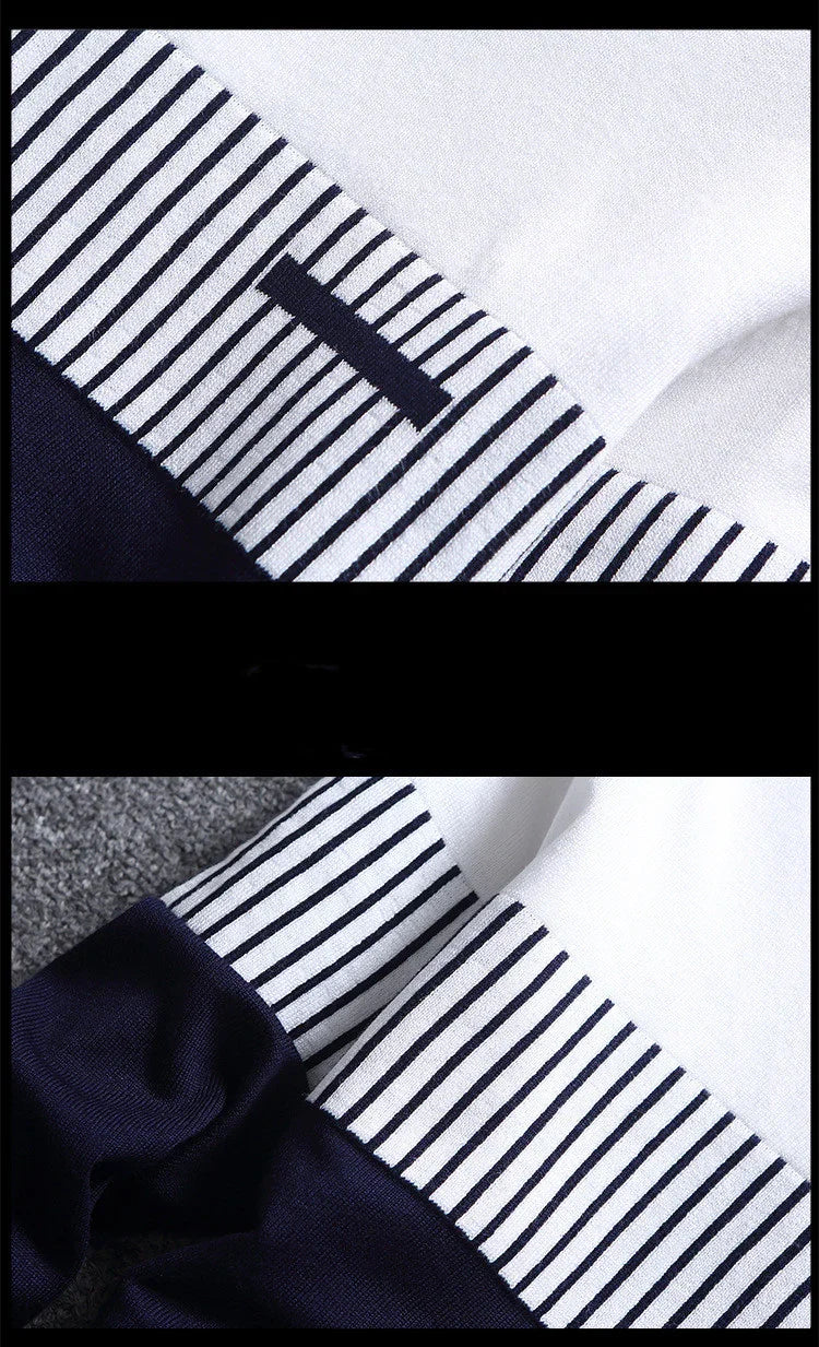Close-up of white and navy blue clothing with vertical stripe detailing on fabric edges