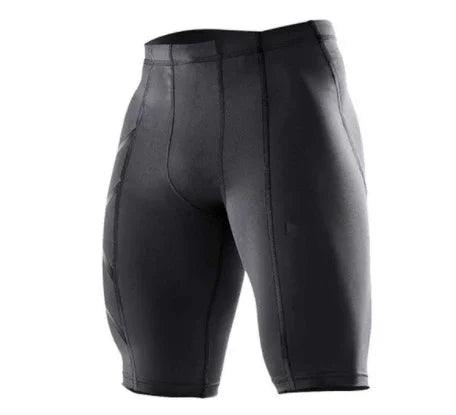Black men's compression shorts, athletic fit, with visible seam detailing on white background