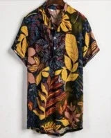 Short-sleeve button-up shirt with large vibrant tropical leaf print in yellow, red, and blue tones