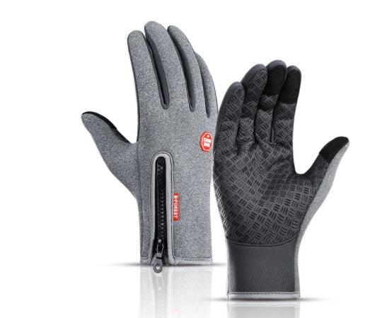 Gray outdoor gloves with zipper and textured black grip, designed for cold weather and outdoor activities