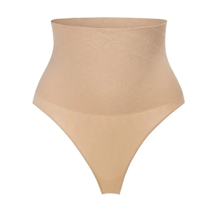 High-waisted beige shapewear thong with diamond-patterned fabric on white background