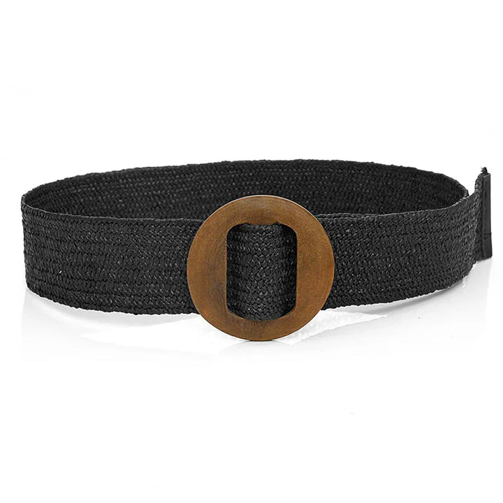 Black woven belt with large round wooden buckle on white background