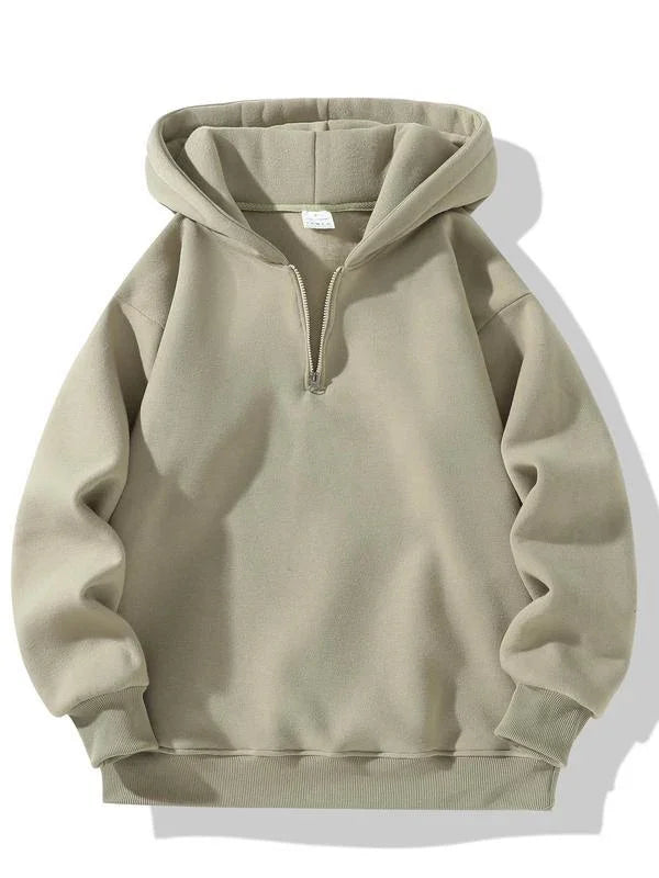 Beige pullover hoodie with half front zipper and ribbed cuffs and hem on white background