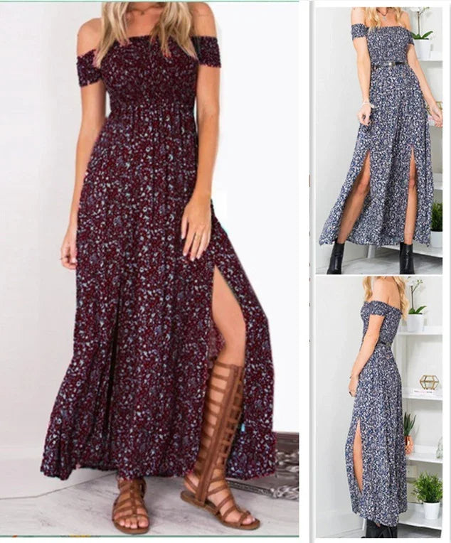 Two women wearing off-shoulder floral maxi dresses with thigh-high slits, paired with gladiator sandals and black boots