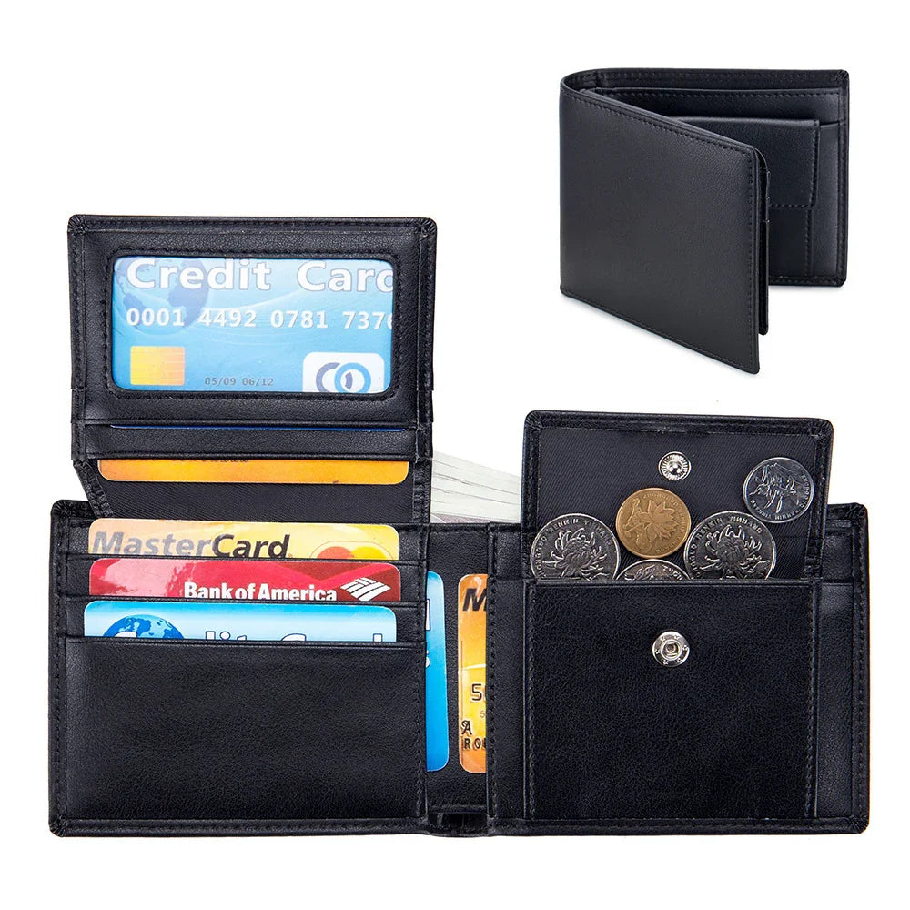 Black leather men's wallet open showing credit cards and coins, with closed wallet inset