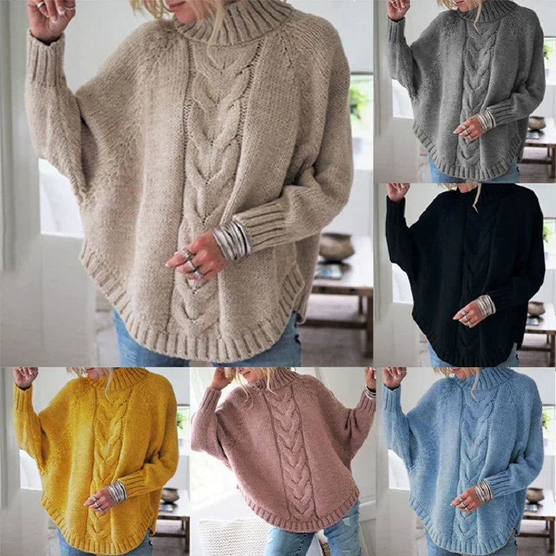 Chunky cable knit turtleneck sweater poncho in beige, gray, black, yellow, pink, and blue colors