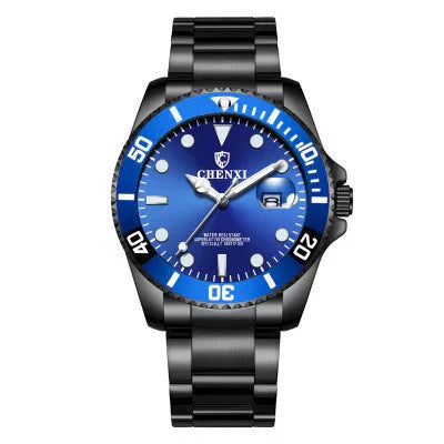 CHENXL men's black stainless steel watch with blue dial and rotating bezel, water-resistant design