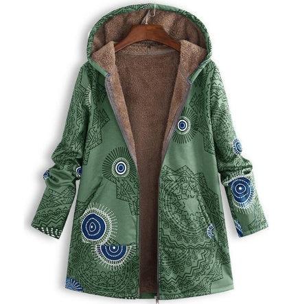 Green hooded fleece-lined jacket with blue and white circular mandala patterns