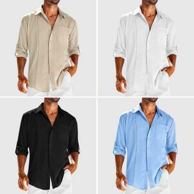 Men's casual button-up shirts in beige, white, black, and light blue with rolled sleeves