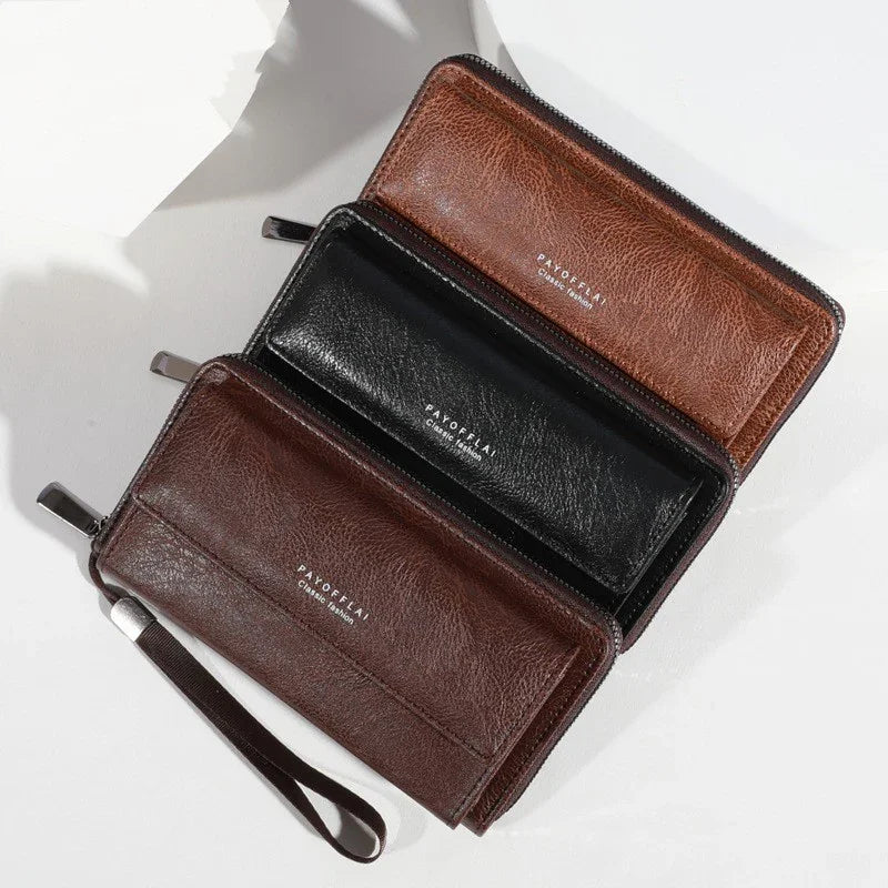 Three leather zip-around wallets in brown, black, and tan with wrist strap, embossed PAYOFFLAI logo