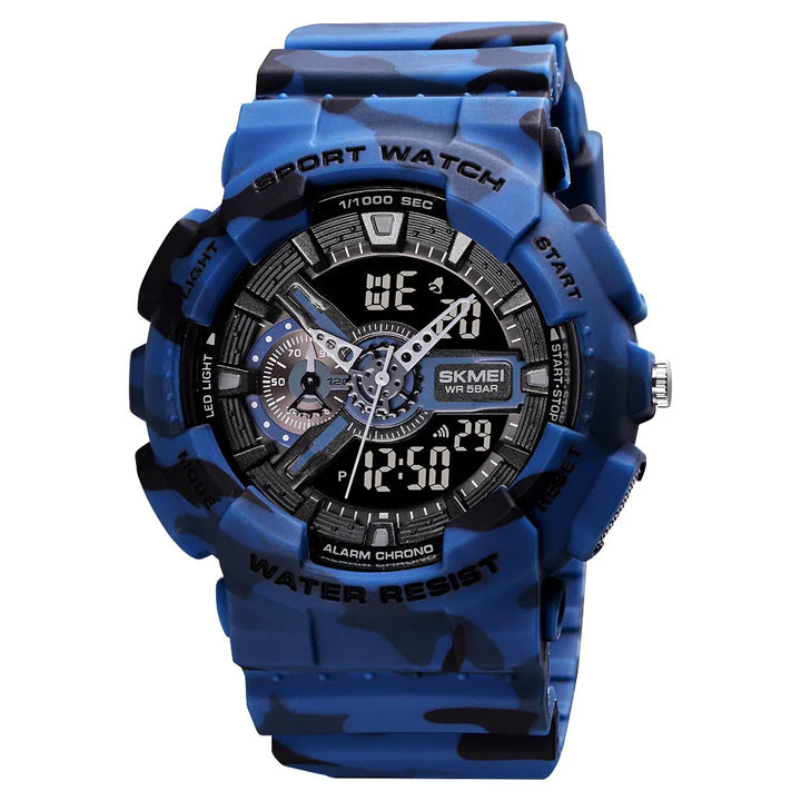 Blue camouflage SKMEI sport watch with digital and analog display, water resistant design