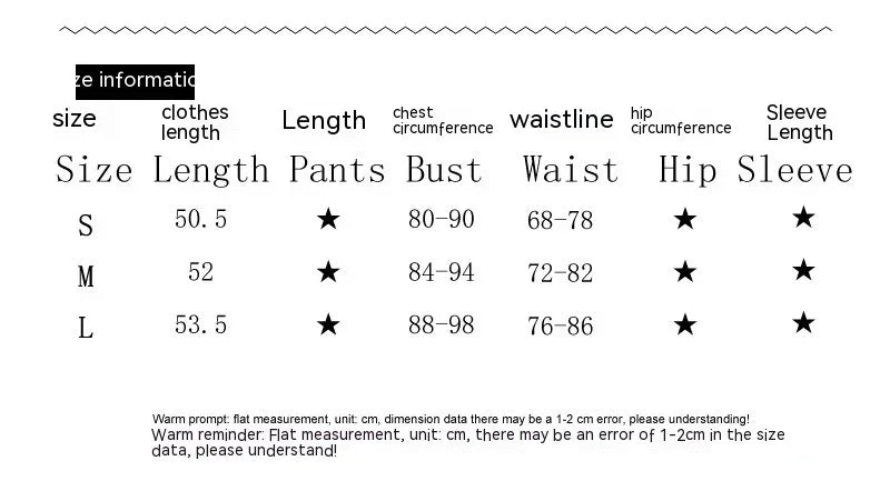Clothing size chart showing length, bust, and waist measurements in cm for sizes S, M, L with measurement note